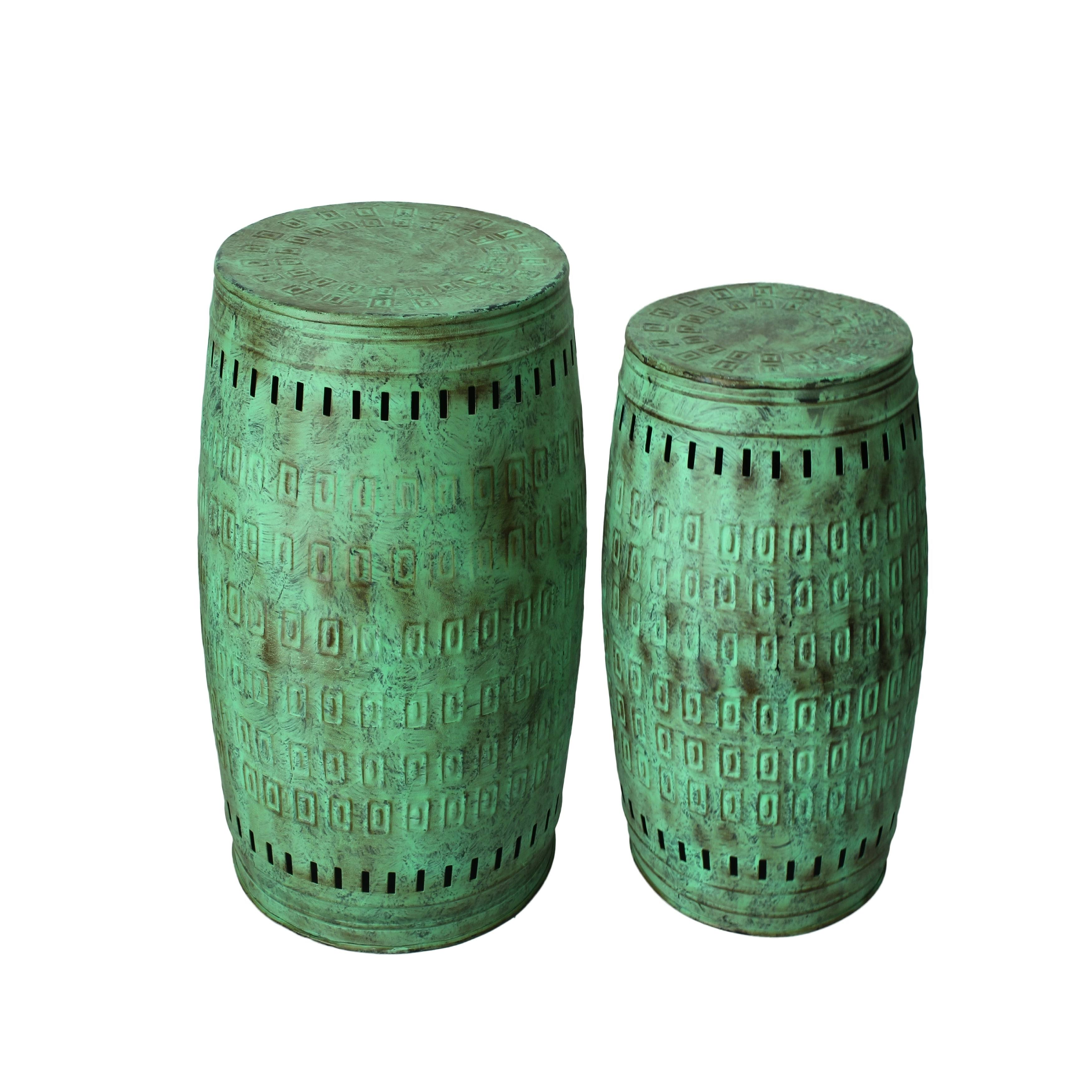 Saffron Fabs Multiple Purpose Hand Tooled 2-Piece Metal Stool Set - Green