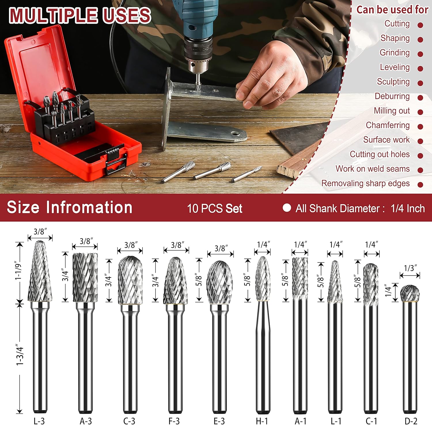 WHISTECK Carbide Burrs Set, 10 Pcs Double Cut Solid Tungsten Carbide Rotary Burr Set, 1/4 Inch Shank Die Grinder Bits, Rotary File for Die Grinder Metal Carving, Polishing, Engraving, Drilling