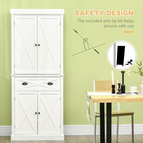 HOMCOM 72" Kitchen Pantry Storage Cabinet, Traditional Freestanding Cupboard with 4 Doors and 3 Adjustable Shelves, Large Central Drawer, X-Frame, White