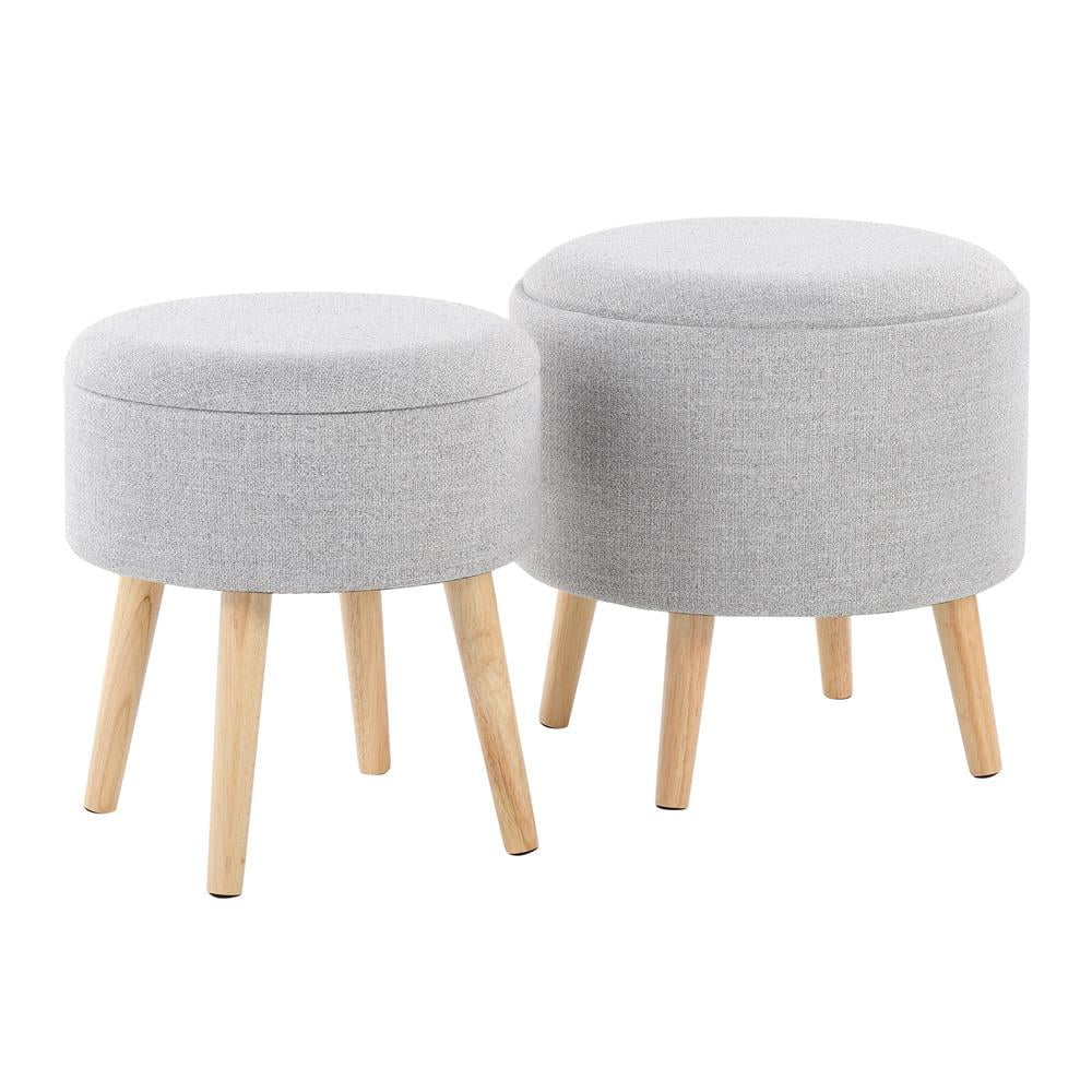 Lumisource Tray Contemporary Storage Ottoman with Matching Stool in Light Grey Fabric and Natural Wood Legs