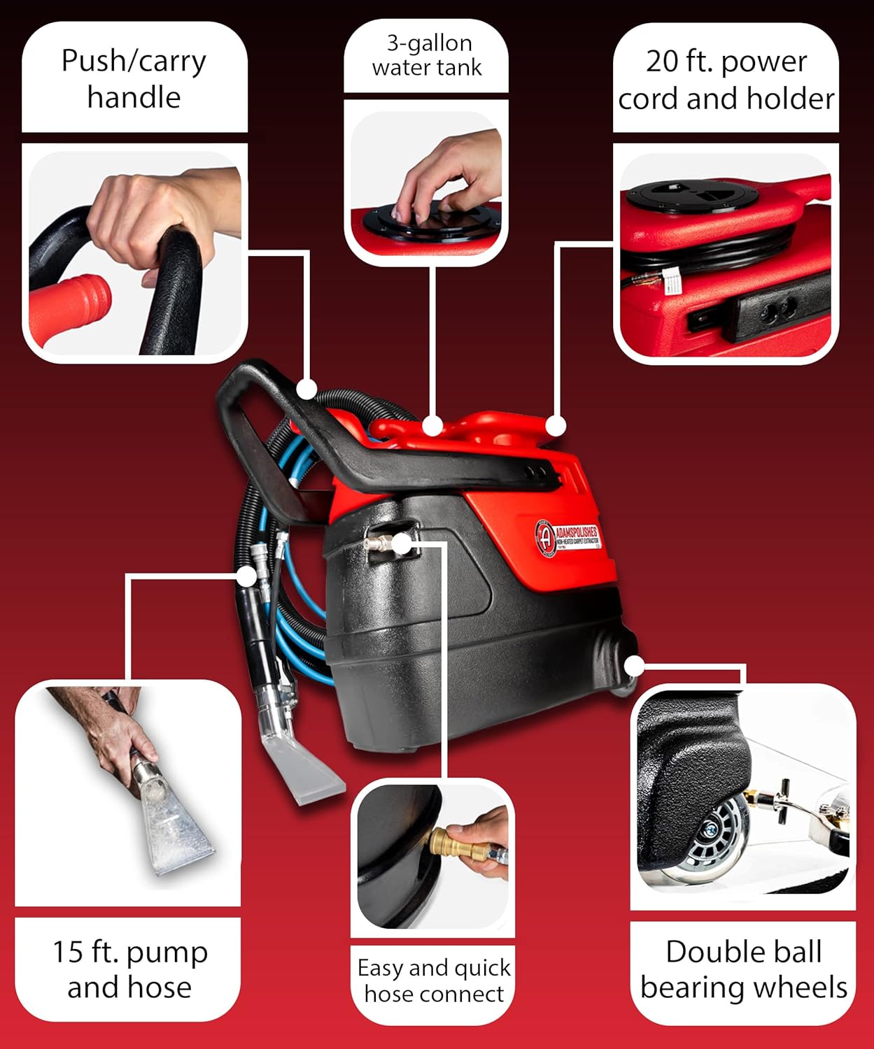 Adam's Non-Heated Carpet Extractor, Powerful Spot and Upholstery Cleaner, Clear Hand Tool, 15 Foot Hose, Easy Dirt and Spot Removal for Vehicles