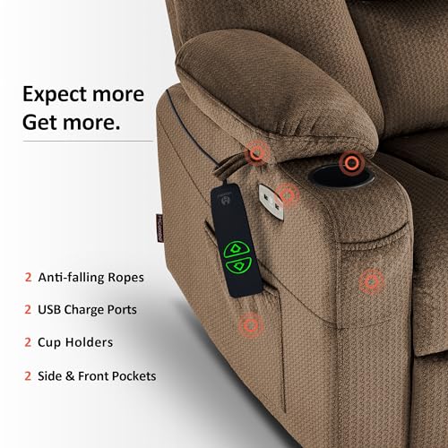 MCombo Small Power Lift Recliner Chair with Massage and Heat for Petite People, Cup Holders, USB Ports, Side Pockets, Fabric 7569 (Small-Regular, Brown)