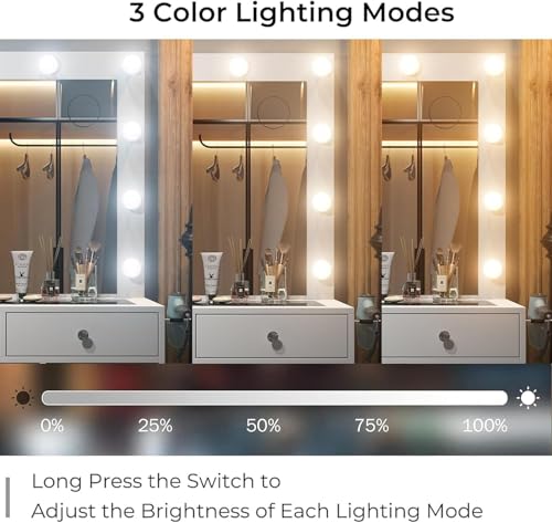 Vanity Desk with Power Outlet, 9 Drawers Makeup Vanity with Mirror and 12 LED Lights, 3 Lighting Modes, Glass Top Vanity Set, Fold-up Panel, Dressing Table for Bedroom