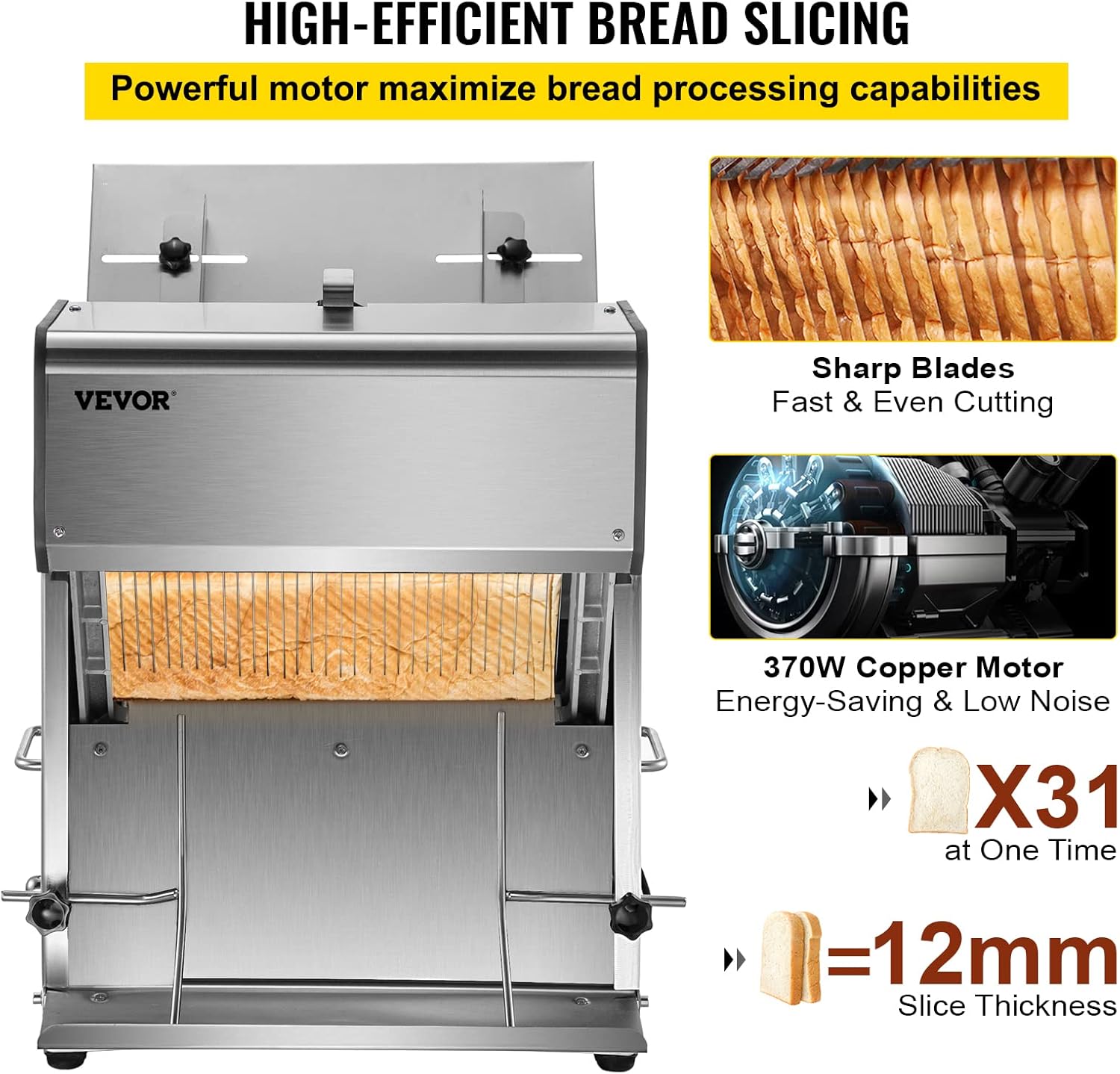 VEVOR Commercial Toast Bread Slicer, 12mm Thickness Electric Bread Cutting Machine, 31PCS Commercial Bakery Bread Slicer, 110V Toast Cutter Cutting Machine, Bread Cutter for Bread Sheet Cutter Cutting