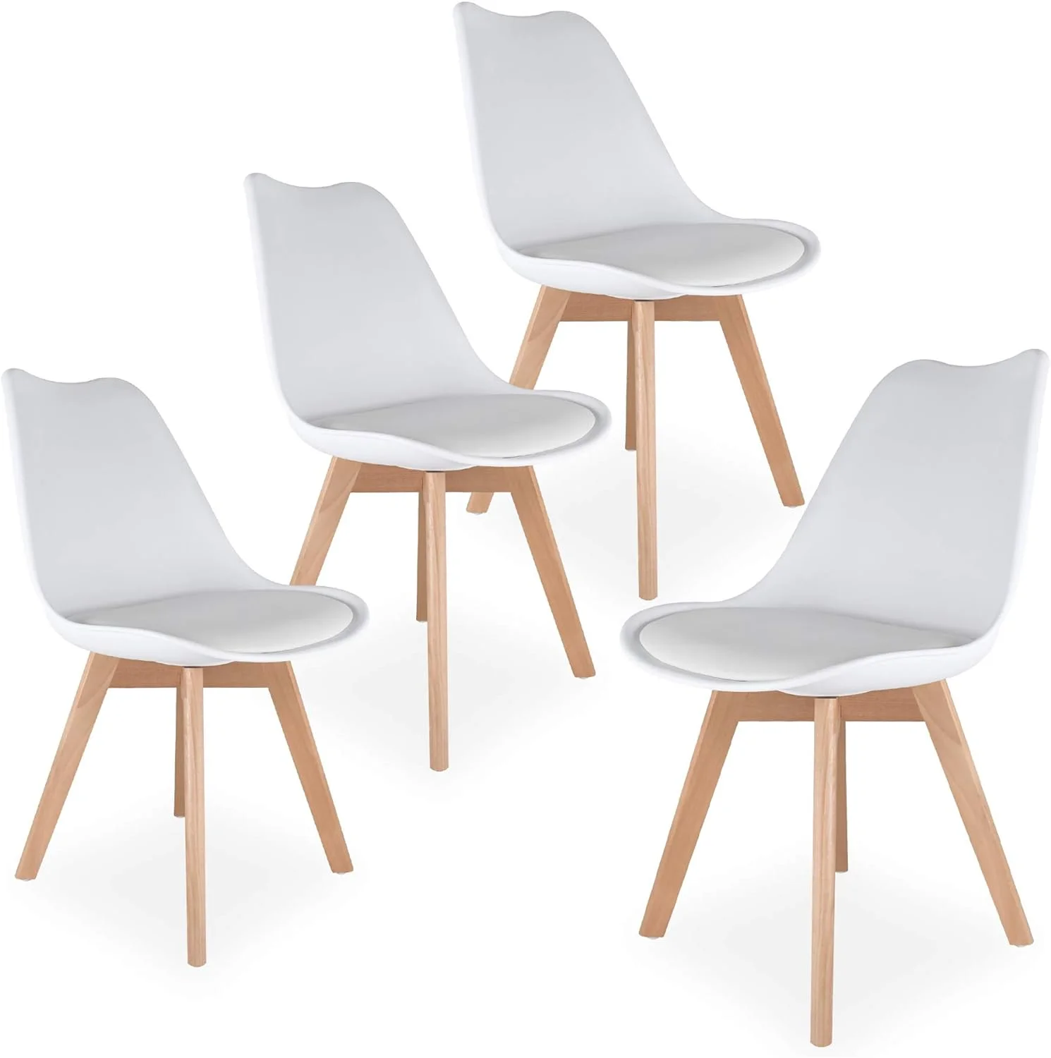 KHBIULIFE Dining Chairs Mid Century Modern DSW Tulip Chair PU Wooden for Living Room Bedroom Kitchen (White-Set of 4)