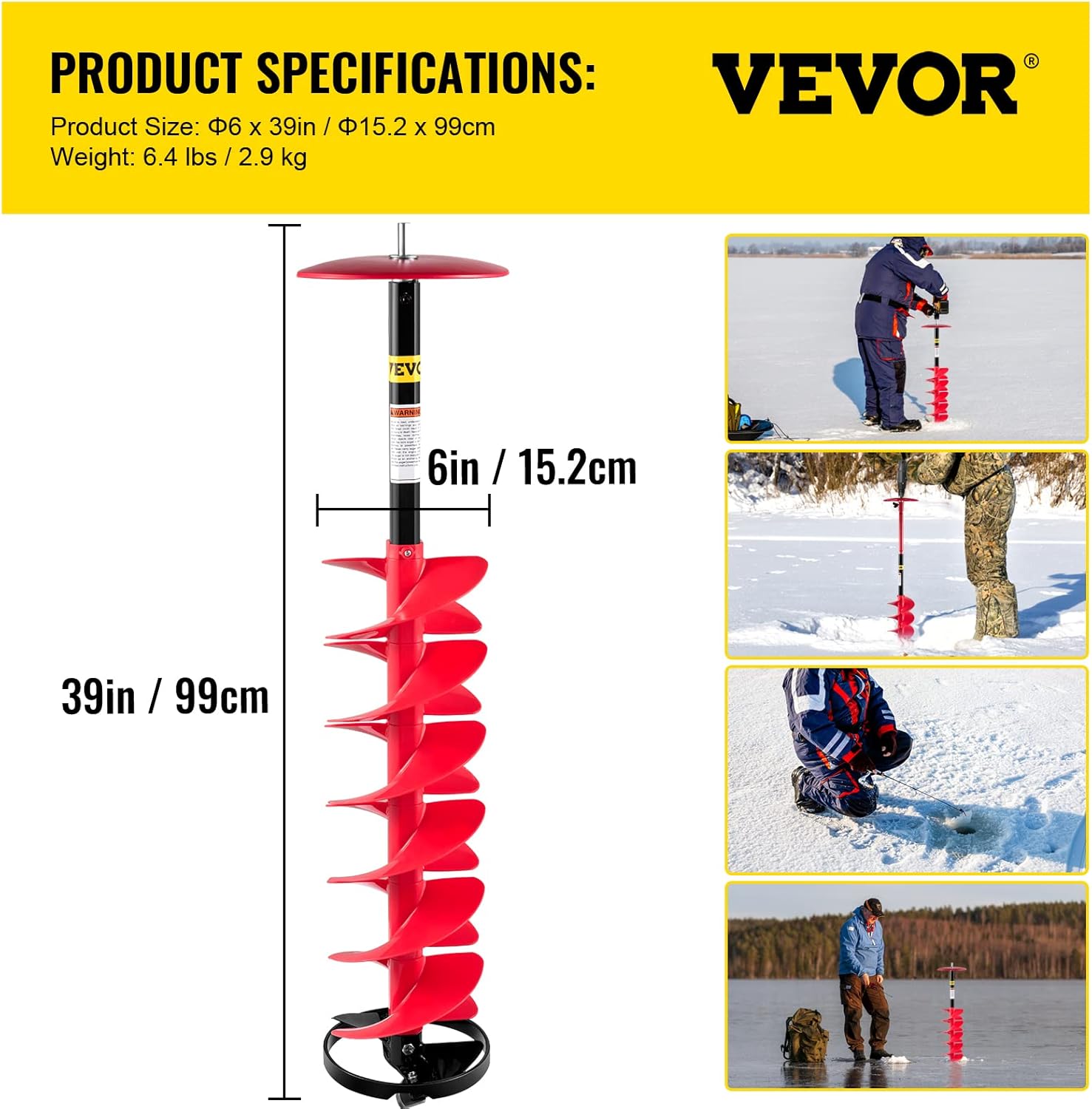 VEVOR Ice Drill Auger, 6" Diameter Nylon Ice Auger, 39" Length Ice Auger Bit,Auger Drill with 11.8" Extension Rod,Auger Bit w/ Drill Adapter,Top Plate & Blade Guard for Ice Fishing Ice Burrowing Red