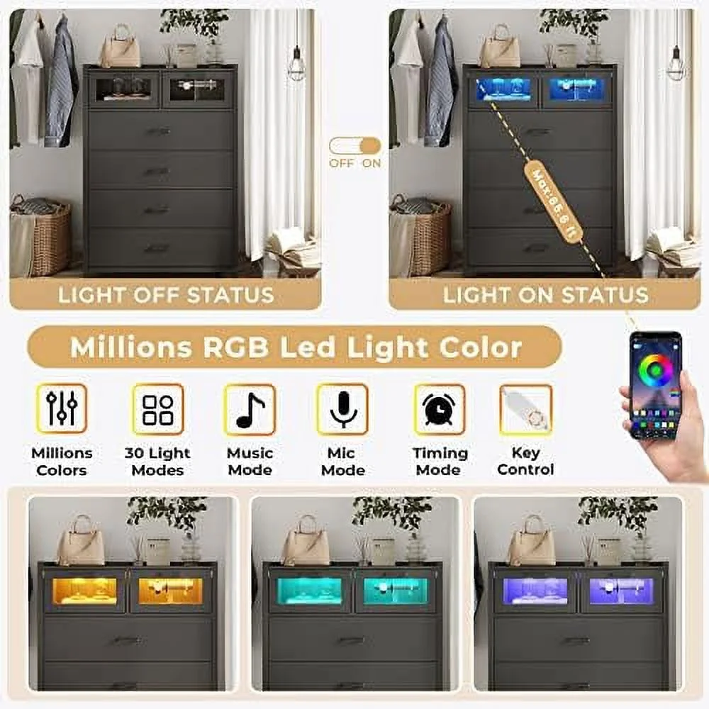 HJZBNONE Dresser for Bedroom  6 Drawer Dressers with LED Lights  Dressers &amp; Chests of Drawers  Bedroom Closet Wooden Tall Dresser for Bedroom  Hallway  Entryway