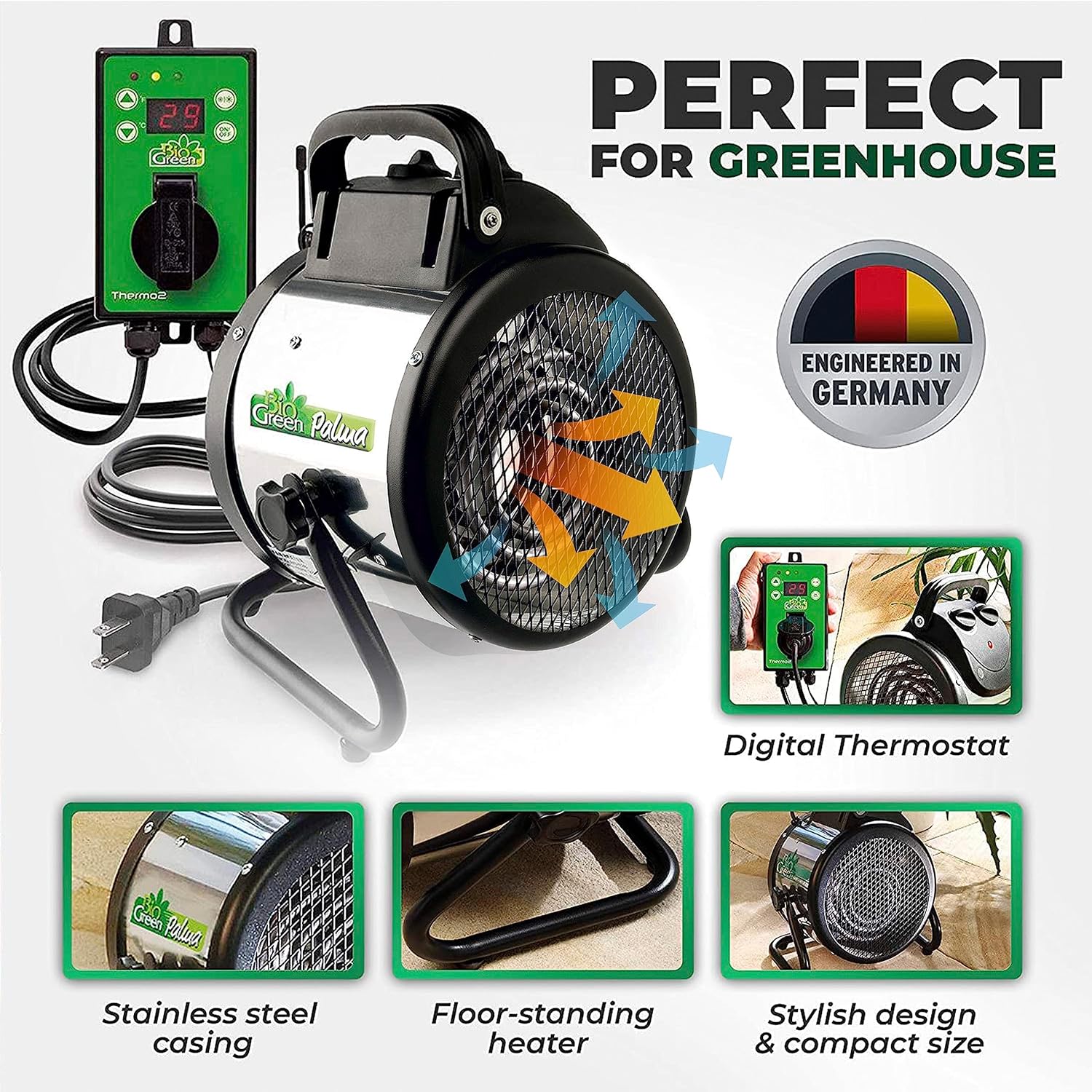 PAL 2.0/USDT Palma Greenhouse Heater with Thermostat - Fast Heating, Grow Tent Heater, Greenhouse Fan, Outdoor Heater & Electric Garage Warmer - 11”x 8”x12.5" - 110v Heater -2 Years Warranty