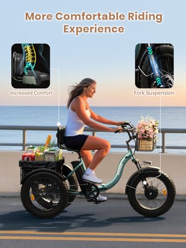 Electric Tricycle for Adults 960W Peak, 36V 15AH Battery Ebike 50 Miles Range with Large Rear Basket, Electric Trike 20" Fat Tire, Max 25MPH 3 Wheel Folding Electric Trike for Adults(Lava)