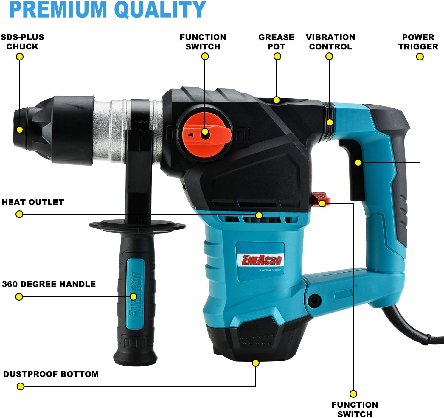 ENEACRO 1-1/4 Inch SDS-Plus 12.5 Amp Heavy Duty Rotary Hammer Drill, Safety Clutch 3 Functions with Vibration Control Including Grease, Chisels and Drill Bits with Case