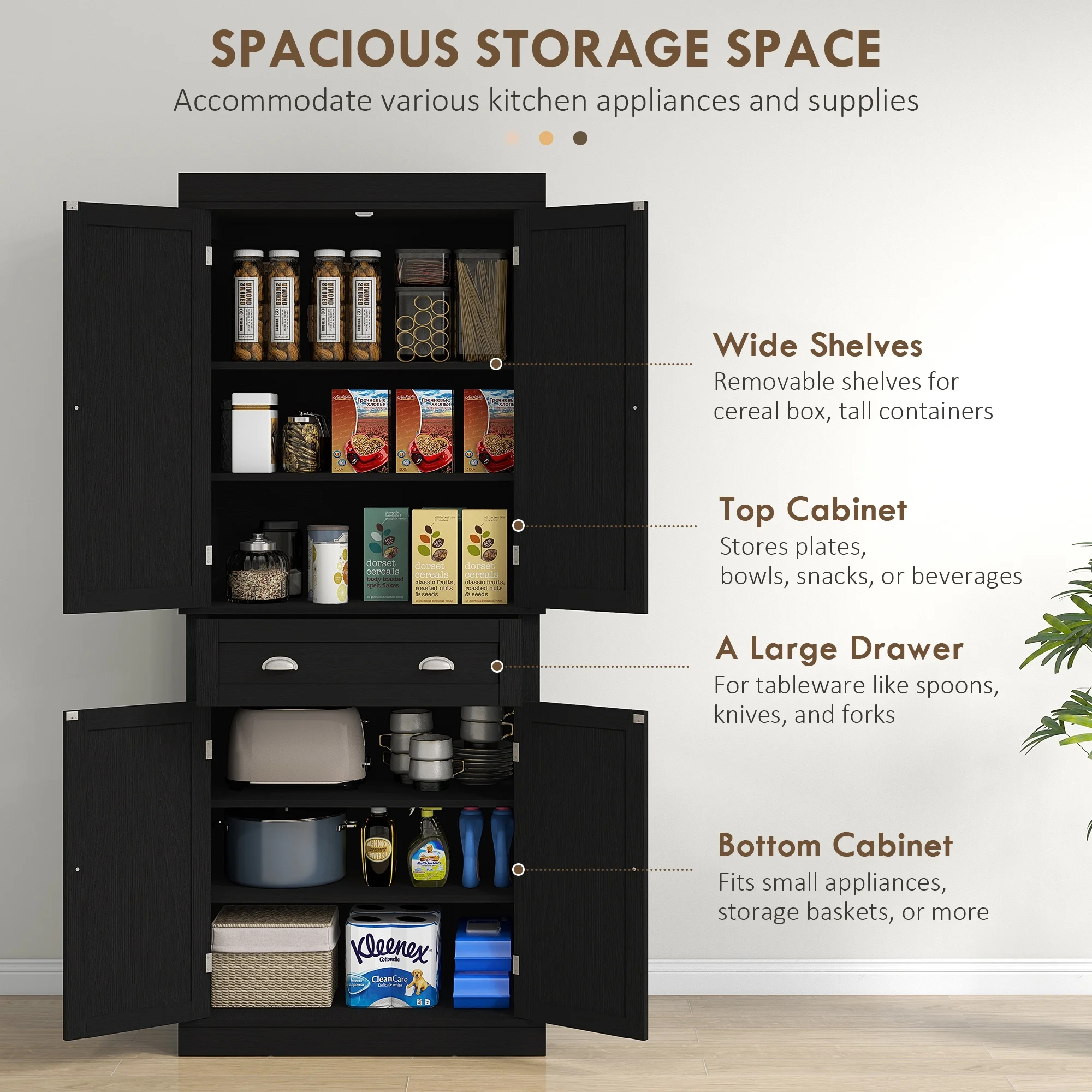 HOMCOM 72" Kitchen Pantry Cabinet with 2 Cupboards, Drawer, Black Wood Grain