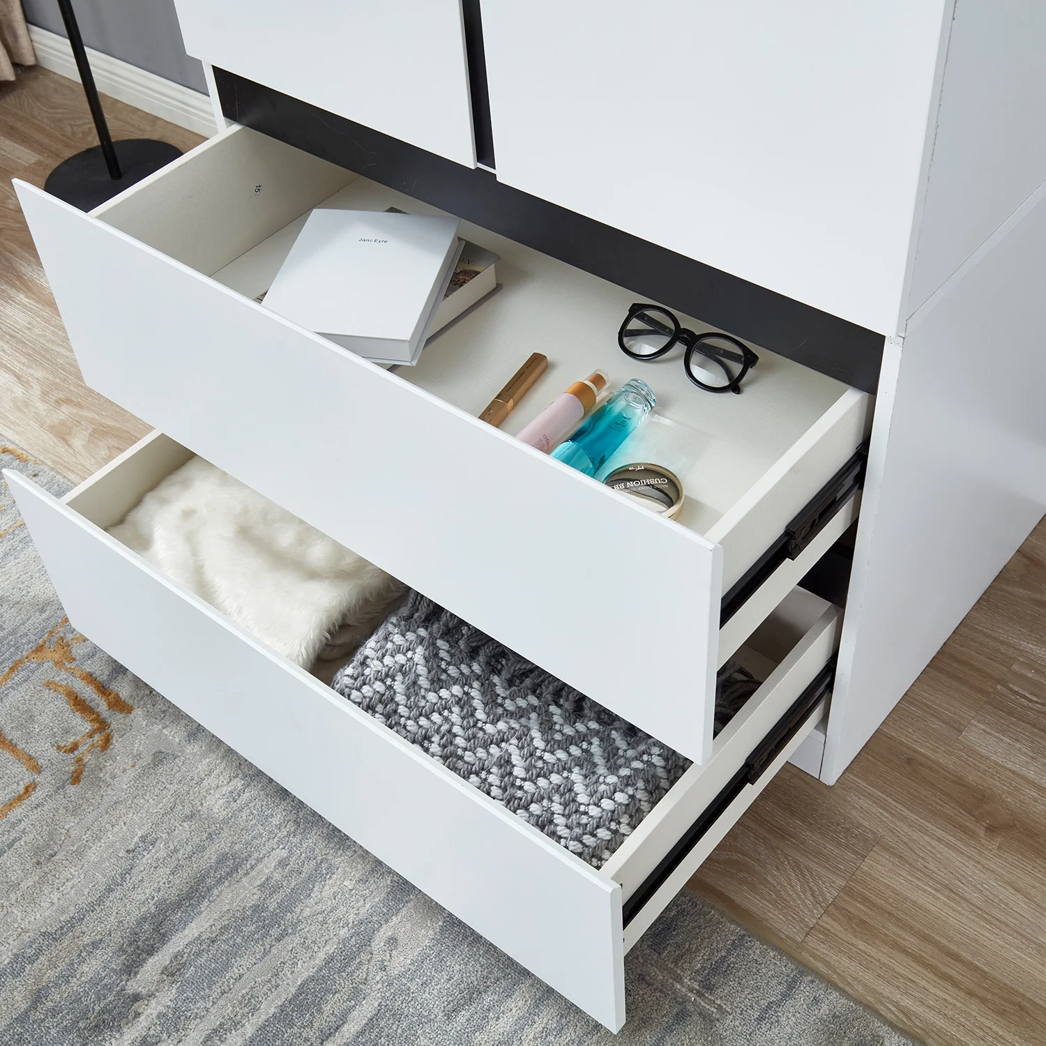 Sophshelter Wardrobe Armoire Storage Cabinet Wood: 2 Door 2 Drawers White Closet Cabinet for Large Capacity with Hanging Rod and Handles Armoire Storage Cabinet - Curated Treasures Market