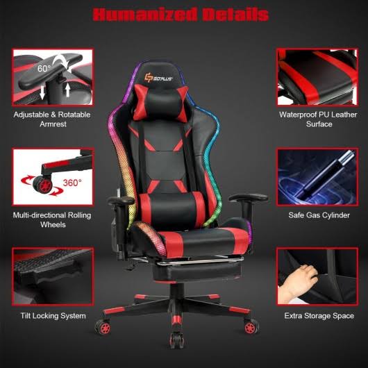 Costway Massage Racing Gaming Chair Chair with RGB LED Lights-Red