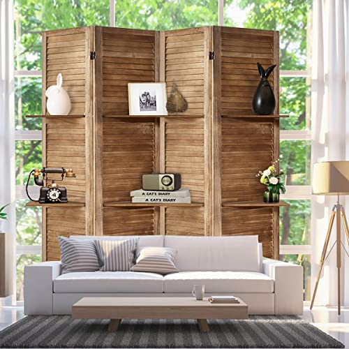 Room Divider with Shelves, Privacy Screen, Room Dividers and Folding Privacy Screens, 5 Panel Wood Temporary Wall Partition Separation Separator, Coconut