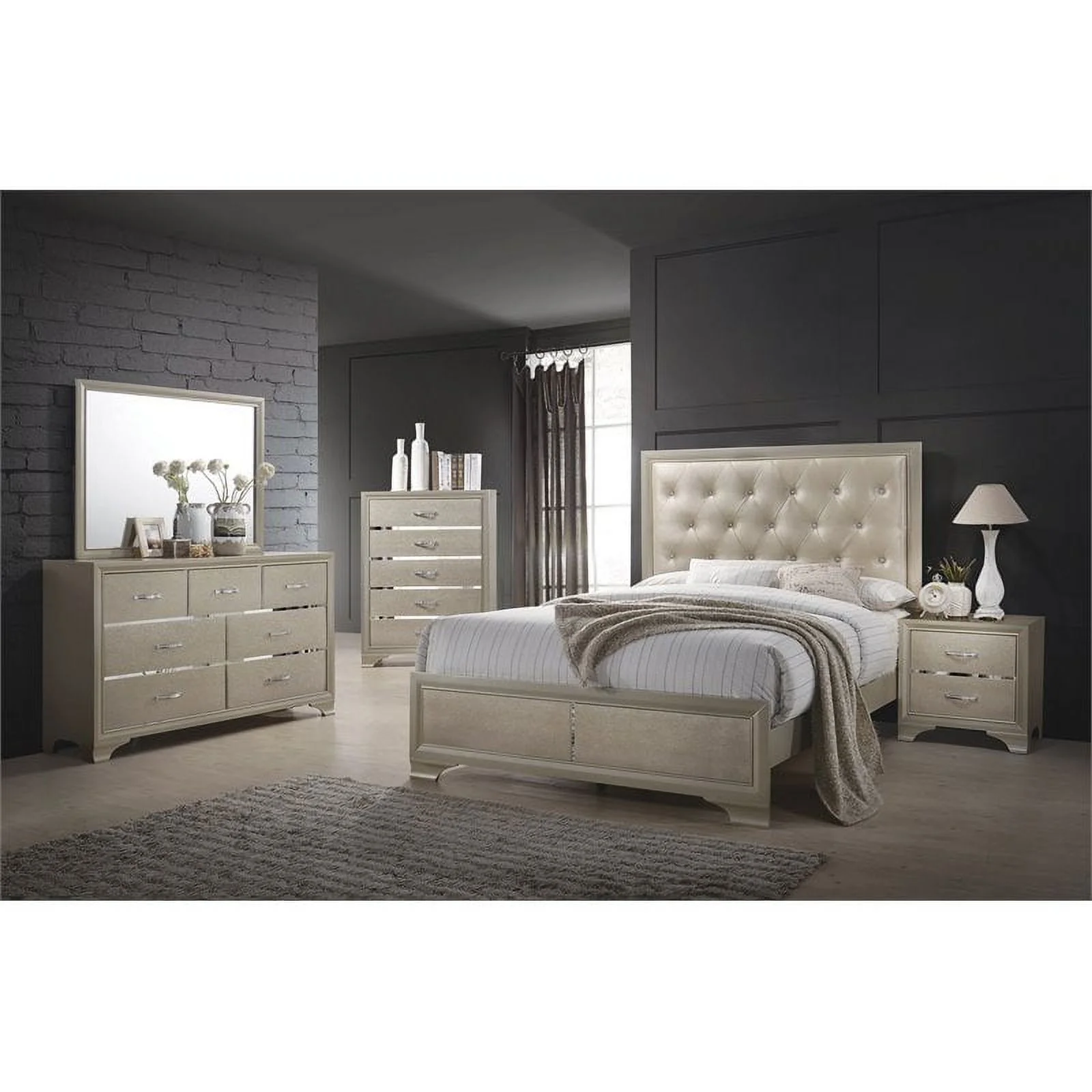 Maklaine Contemporary 5-piece Queen Wood Bedroom Set in Champagne Gold