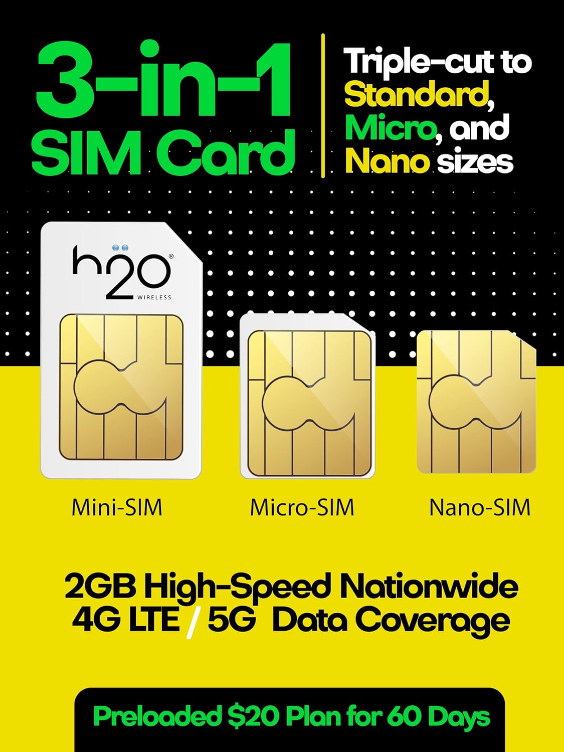 H2O Wireless SIM Card $20 Plan 鈥?Preloaded Triple-Cut SIM with Unlimited Data & International Talk & Text and 2GB High-Speed 4G LTE/5G Data Coverage (120-Day Plan)