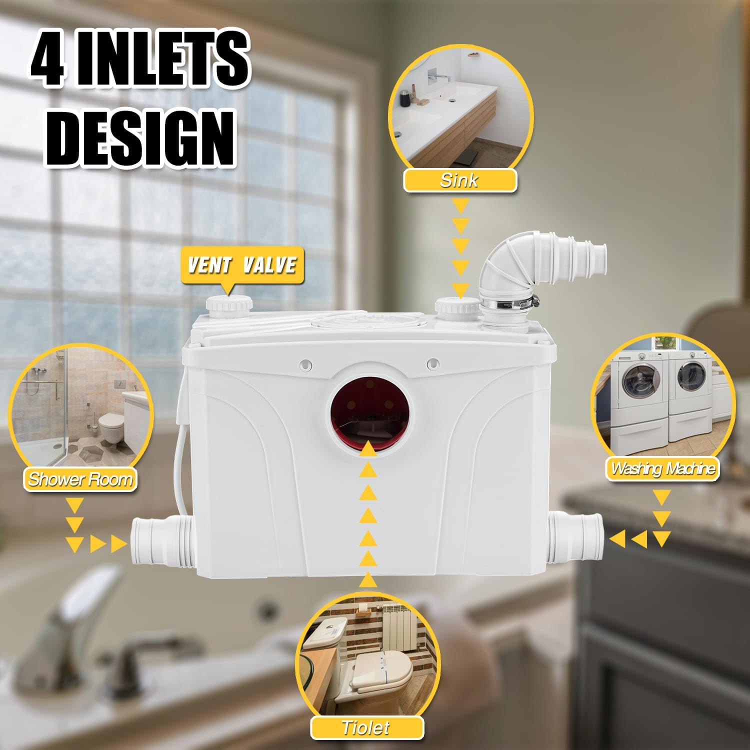 700W 110V Macerator Sewerage Pump with 4 Water Inlets for Upflush Toilet System Waste Water Marine Toilet Bathroom Disposal Laundry