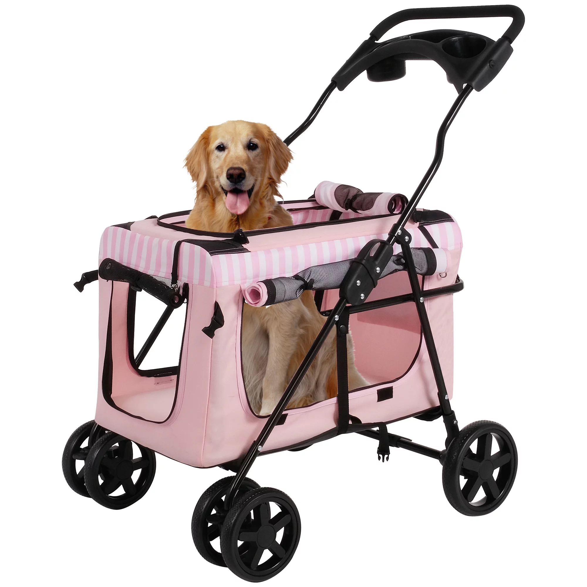 3-in-1 Folding Pet Dog Stroller, 4-Wheel Travel Dog Stroller with Water Cup Holder and Detachable Carrier Bag, Jogger with Pet Cat Kitten Puppy Carriages, Pink - Curated Treasures Market