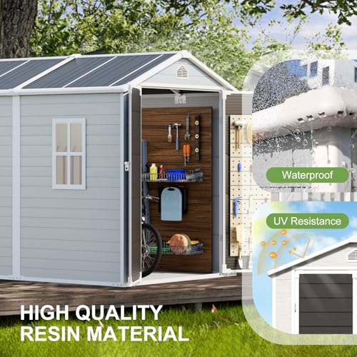 8x6x7 FT Resin Storage Shed, Waterproof Outdoor Storage Shed w/Floor, 2 Windows, Double Lockable Doors & Vents, Tool Shed for Patio Garden, Lawn, Backyard, Dove Grey