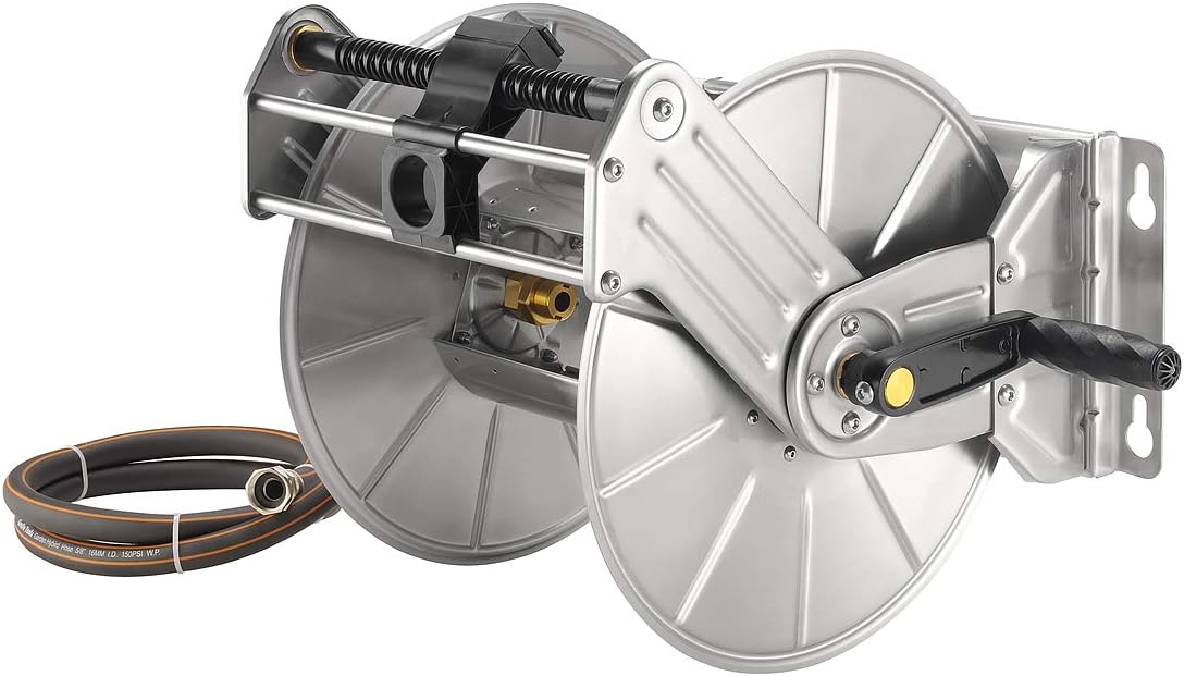 Giraffe Stainless Steel Garden Hose Reel with 5/8" x 100 ft Heavy Duty Hose, Wall/Floor Mounted Metal Water Hose Reel with Crank Handle