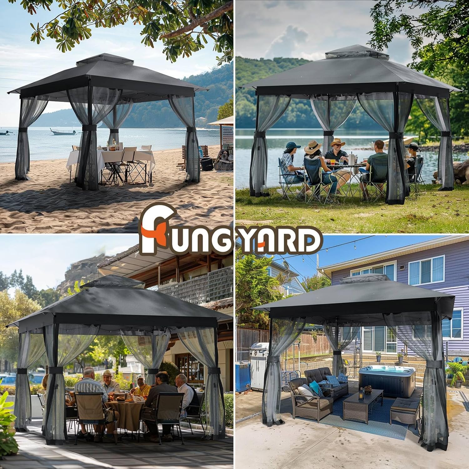 10x10 Outdoor Pop Up Gazebo - Instant Canopy Tent with Mosquito Nettings, Double Roof Vented Gazebo Canopy Shelter for Backyard Shade Party Garden Lawns (10x10ft Grey)