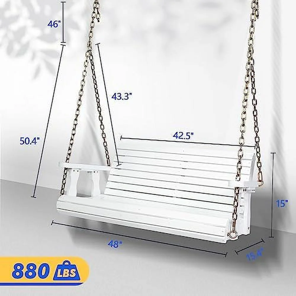 HJNIUNIU Upgraded Patio Wooden Porch Swing for Courtyard &amp; Garden  Heavy Duty 880 LBS Swing Chair Bench with Hanging Chains for Outdoors (5 FT  White)