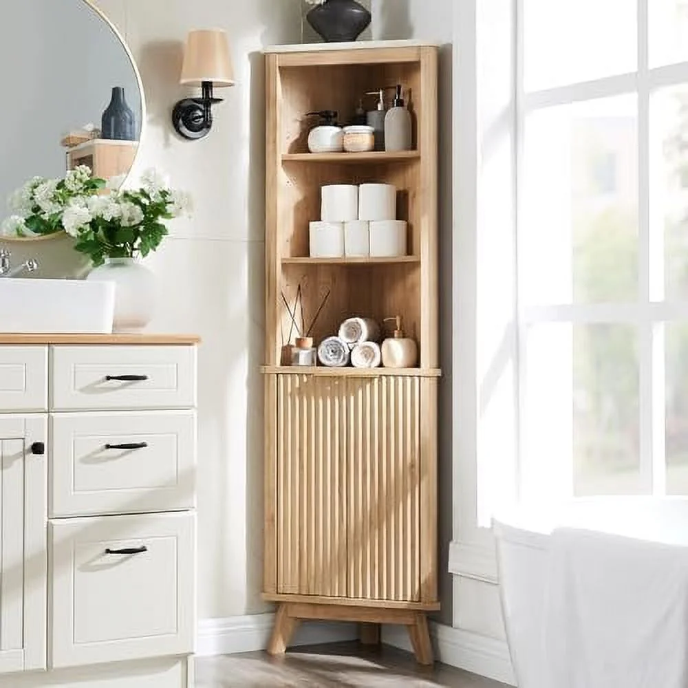 SQFHV Fluted Corner Cabinet  68" Tall Modern  Cabinet with Faux Marble Top and Adjustable Shelves  Curved Profile Bookshelf for Bathroom  Kitchen  Living Room  Dining Room  Natural Oa - Curated Treasures Market