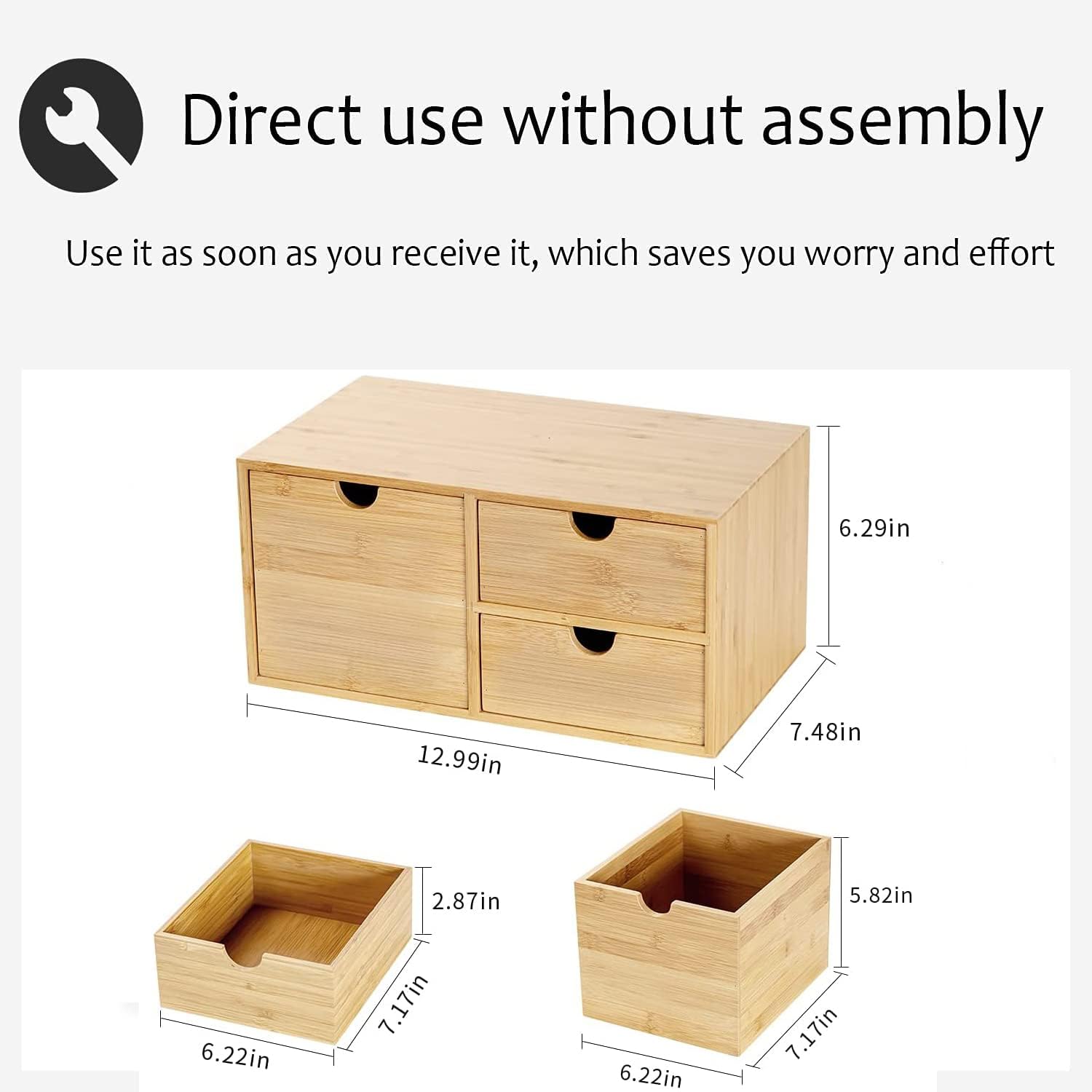 Wisdture Mini Storage Box with Drawers,Practical Office Storage Bins,Bamboo Desk Sets and Accessories Suitable for Office,Bedroom,Dressing Table,Large Desk Organizer(3 Drawer with Tall Drawer)