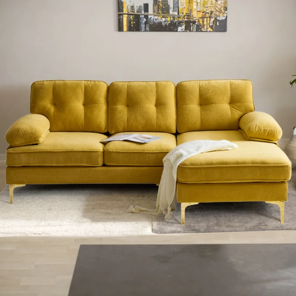 83" Modern Sectional Sofas Couches Velvet L-Shaped Couches for Living Room, Bedroom (Yellow)