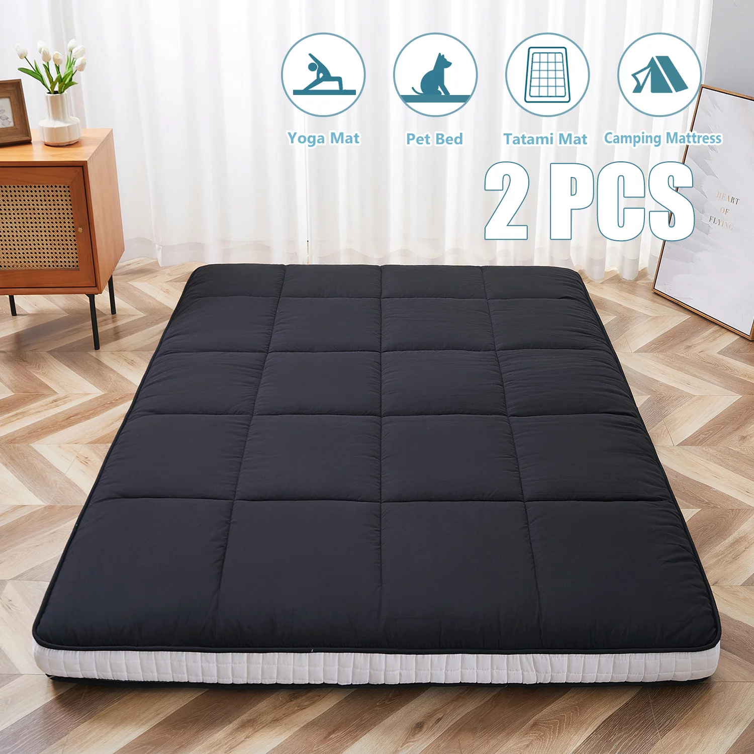 Lilypelle Japanese Floor Mattress Futon Mattress, Thicken Tatami Mat Sleeping Pad Mat Foldable Roll Up Mattress Kids Floor Lounger Bed and Sofas, Queen Size,2PCS