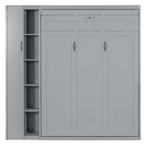 Harper & Bright Designs Queen Size Murphy Bed Wall Bed with Storage Shelves, Wardrobe and LED Lights, Space-Saving for Multipurpose Guest Room or Home Office, Gray