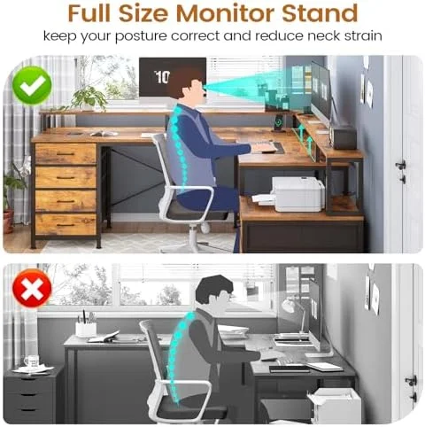 RUNFAYBIU L Shaped Desk with 6 Drawer  108" Home Office Desk with File Drawer &amp; Power Outlet  Corner Computer Desk with Monitor   File Cabinet  Two Person Desk  Gaming Desk with L