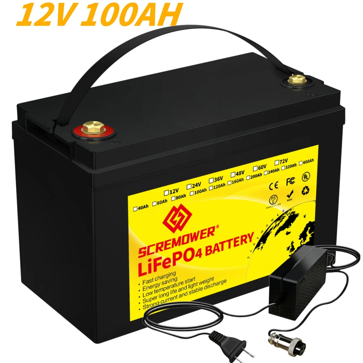 12V 100Ah LiFePO4 Battery, SCREMOWER 100A BMS Rechargeable Lithium Battery, 10000 Cycles, 1.28kWh Perfect for RVs, Caravan,Van, Boats,Home,Camping,Solar - Curated Treasures Market