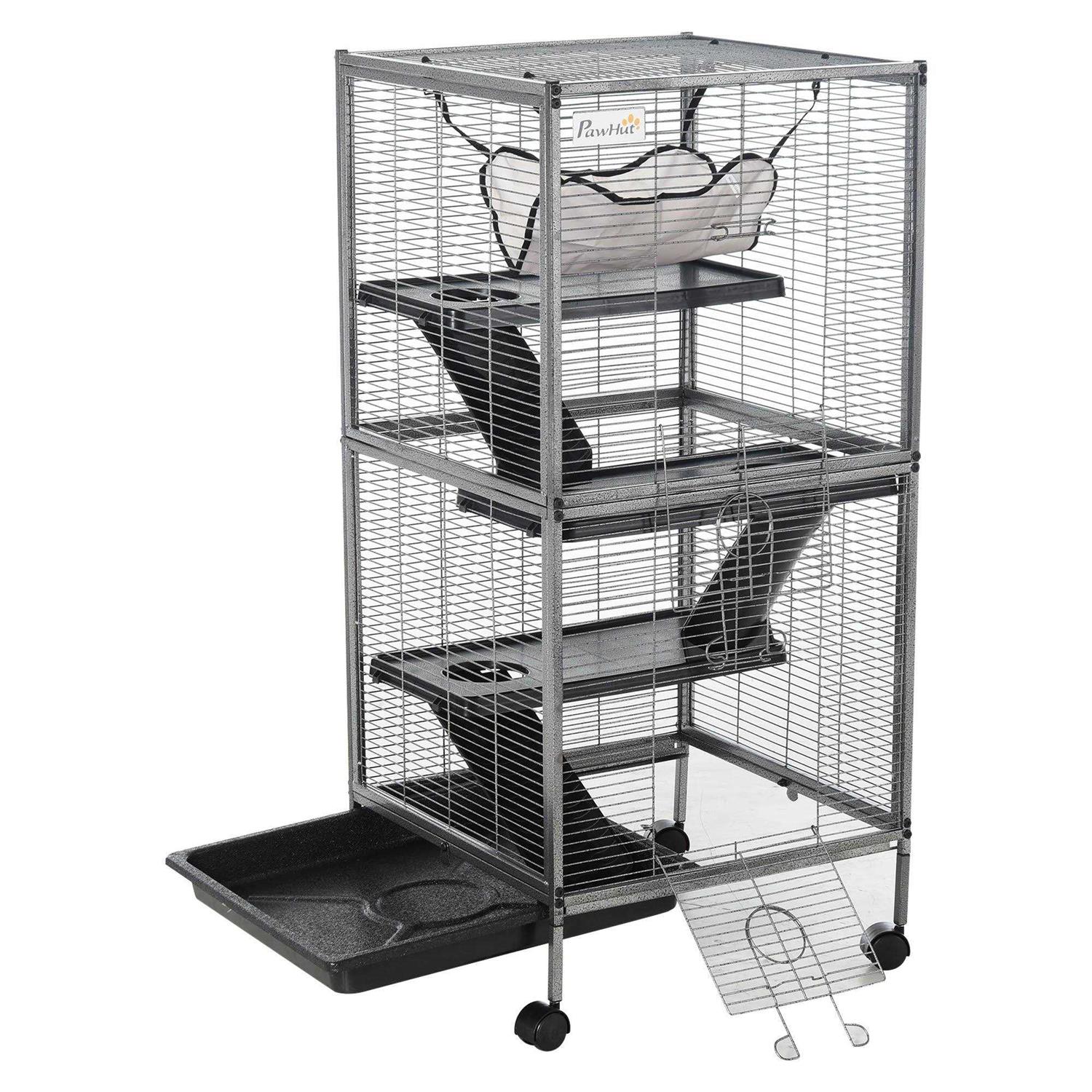 PawHut Rolling Small Animal Cage Pet for Rabbits, Chinchillas, Ferret with Wheels, Hammock, 4 Platforms and Removable Tray - Pet Supplies online store