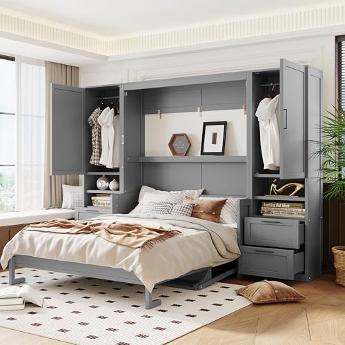 Merax Queen Size Murphy Bed with Desk, Space-Saving Wall Bed Frame with Closet, Drawers and Shelves, Foldable Platform Bed for Small Spaces Studio Study Office Guest Room, Gray
