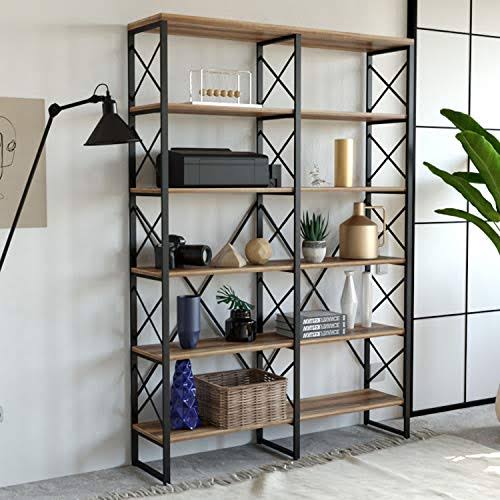 Ironck Industrial Bookshelf Double Wide 6-Tier, Open Large Bookcase, Wood and Metal Bookshelves for Home Office, Easy Assembly