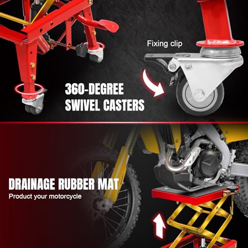 350 Lbs Motorcycle Lift Jack Table, Hydraulic Foot-Operated Scissor Lift Jack for ATV Dirt Bike, Motorcycle Stand with 4 Wheels