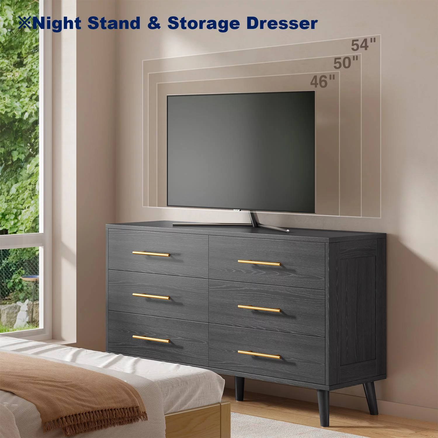 Dresser for Bedroom,Black Dresser with 6 Drawers, Wide Chest of Drawers with Gold Handles