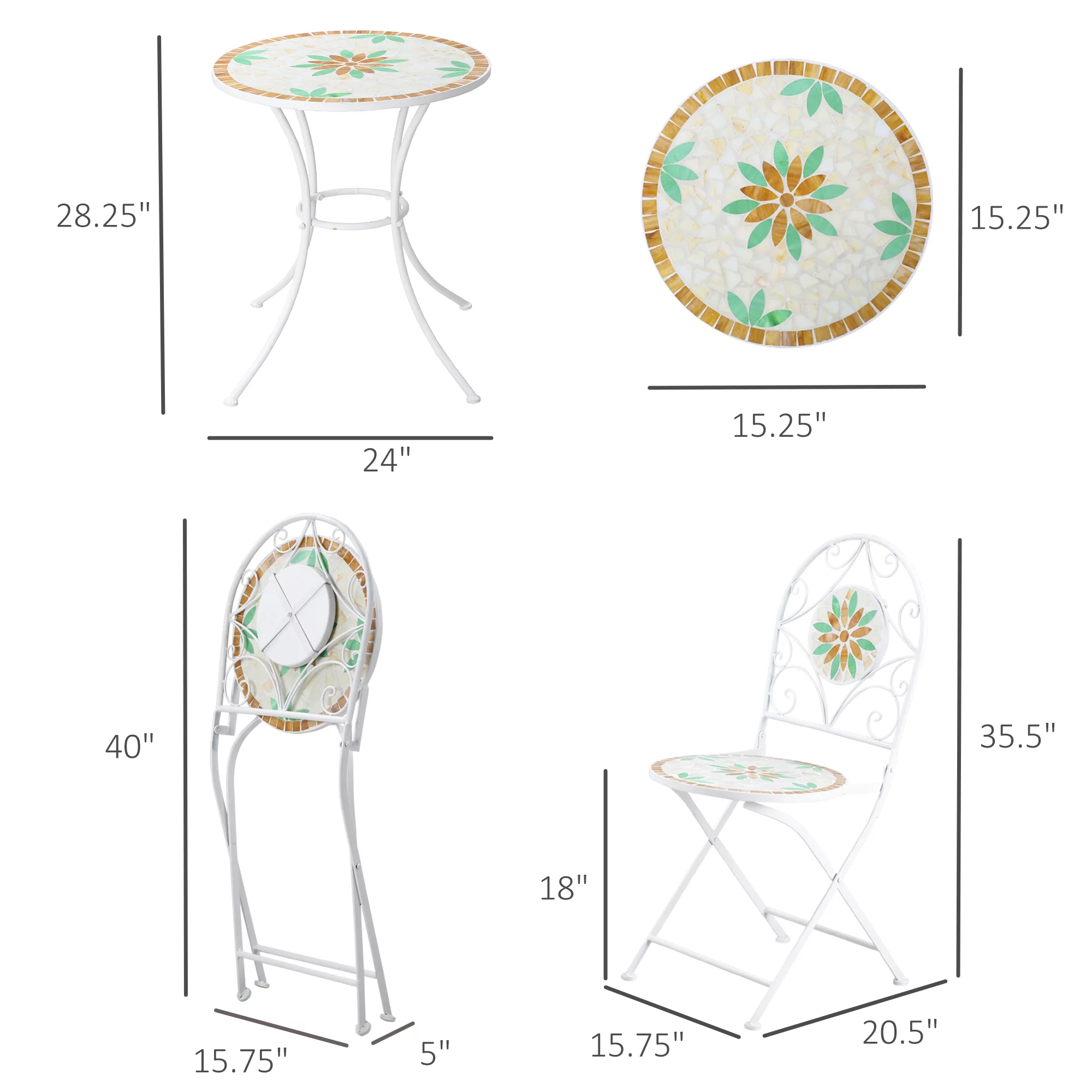 Outsunny Folding 3 Piece Bistro Set, Stone Table & Chairs, Flower Mosaic