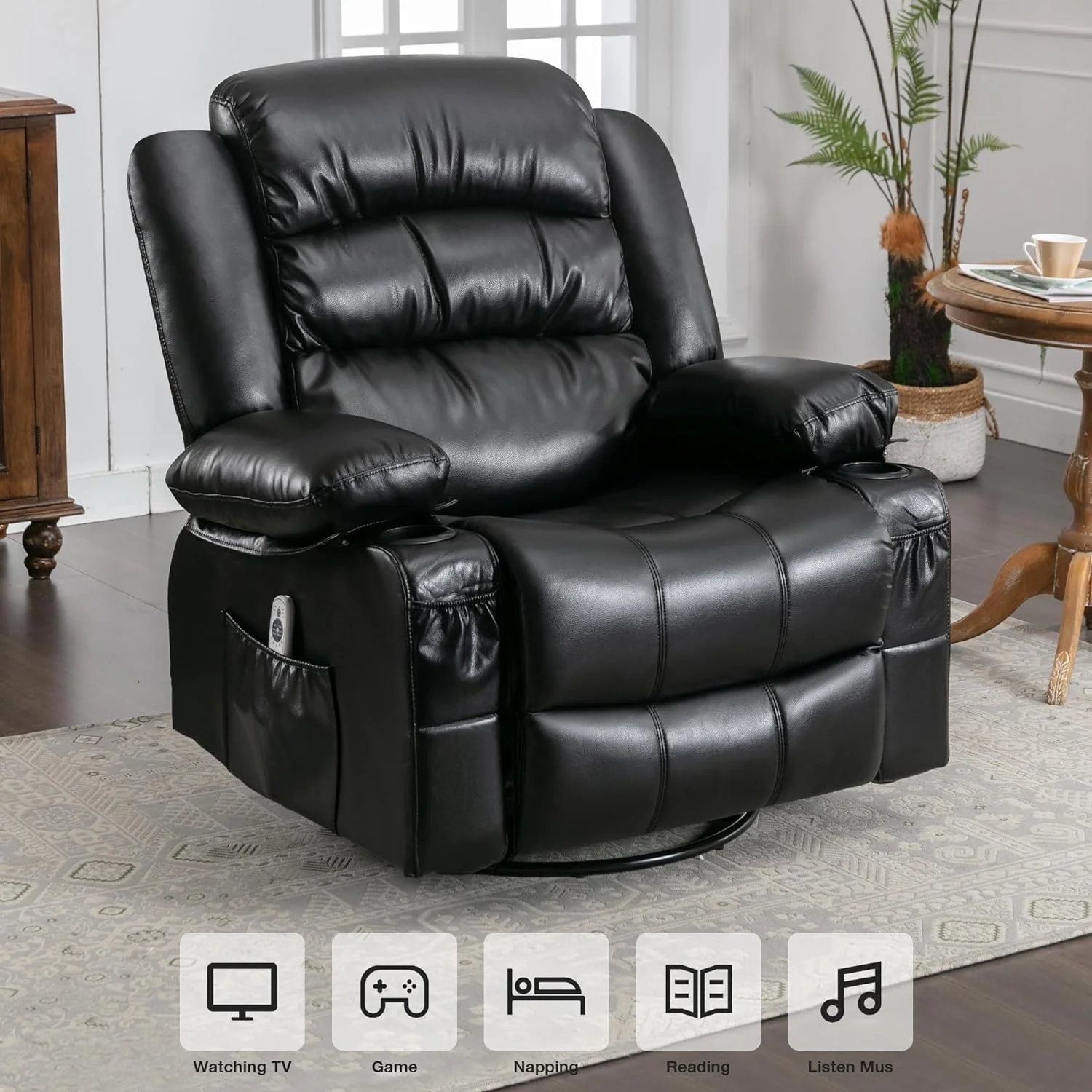 Massage Chair Recliner, Power Recliner Chairs with Heat and Message, Big and Tall Recliners with USB Port, with Swivel and Rocking Function for Elderly  (Black)