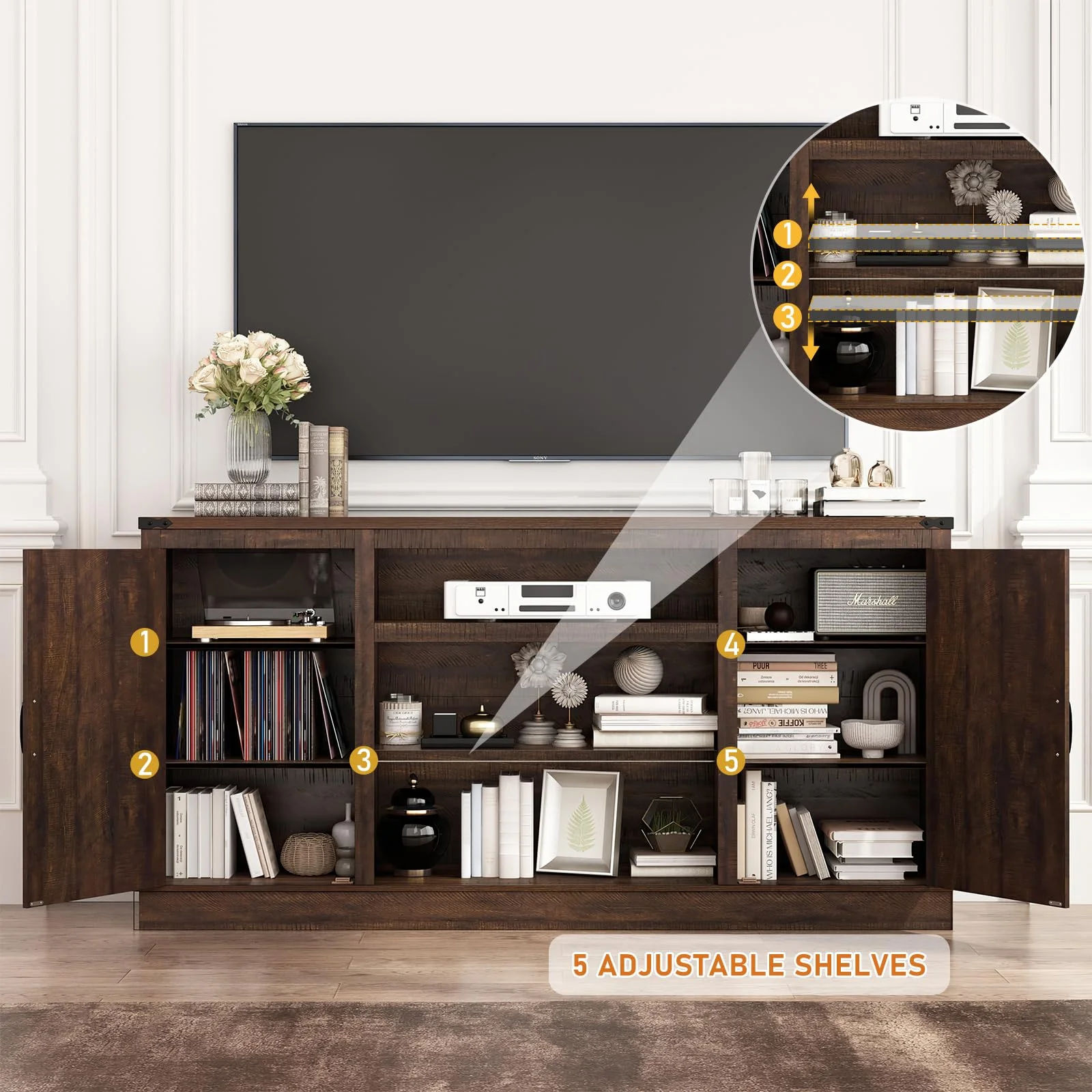 Chvans Farmhouse Barn Door TV Stand for up to 65 TVs /23 Electric Fireplace, Entertainment Center Console Table with Adjustable Shevles(58)