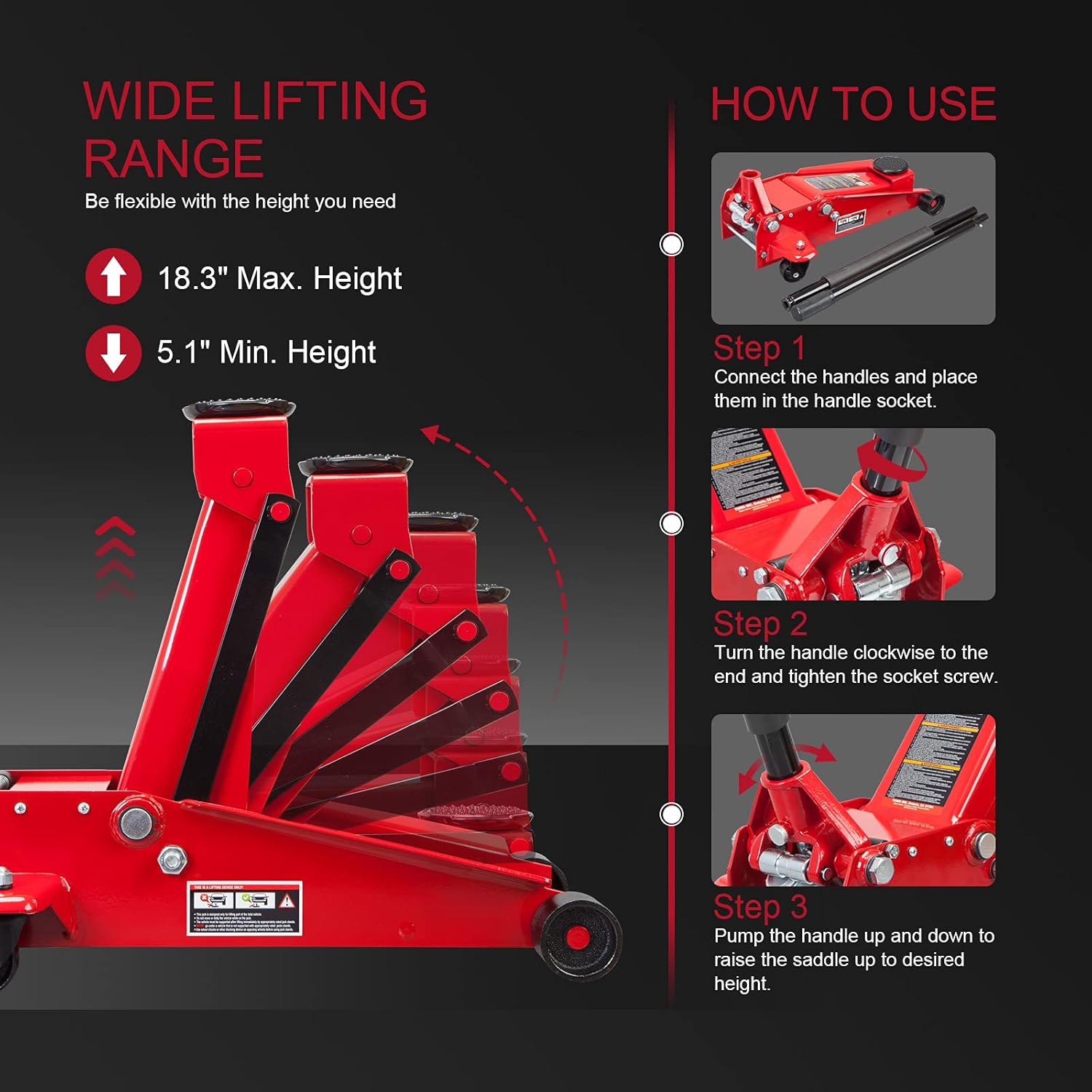 BIG RED ATZ830023R Torin Hydraulic Heavy Duty Steel Service/Floor Jack with Dual Piston Quick Lift Pump, 3 Ton (6,000 lb) Capacity, Red