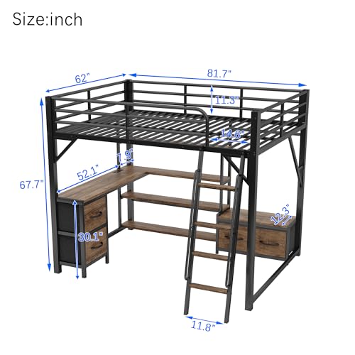 Full Size Loft Bed with Stairs and Storage, Metal Loft Bed Frame with Bedside Shelf and Large Under-Bed Space, Heavy-Duty Bed for Adults Teens and Kids, Black