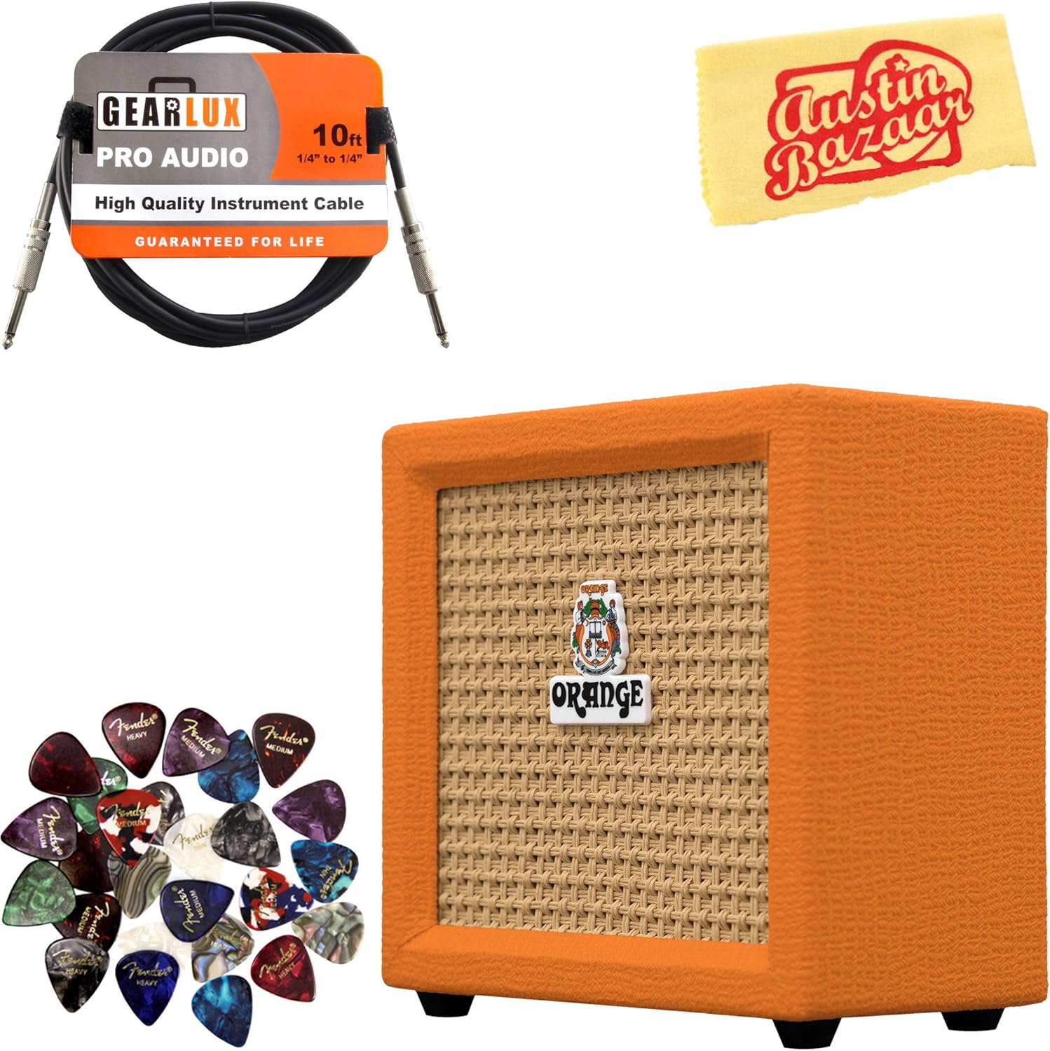 Orange Crush Mini Guitar Combo Amplifier - Black Bundle with Instrument Cable, 24 Picks, and Austin Bazaar Polishing Cloth