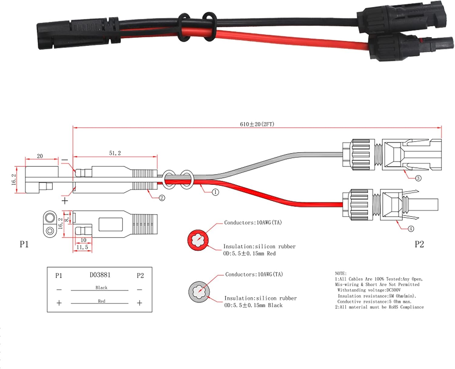 Solar Panel Connector to SAE Cable - 2Ft 10AWG PV Panel Male and Female Connectors to SAE Quick Release Plug Power Cable with SAE Polarity Reverse Adapter for Solar Battery Generator, IP67 Waterproof