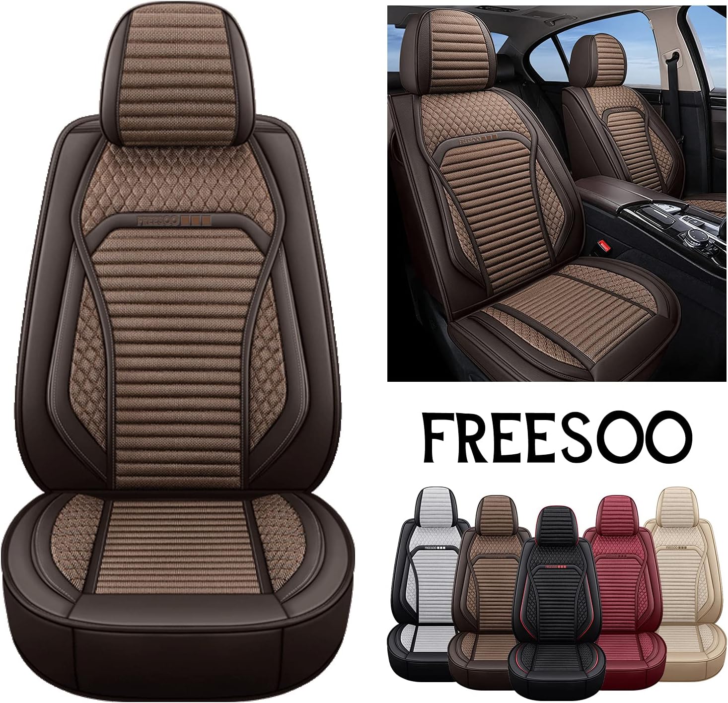 FREESOO Car Seat Covers Leather&Linen, Fashion Full Set Coverage Seat Cover Cushion Auto Accessories Universal Fit for 5 Seats Vehicle Year Round Use (Beige 12)