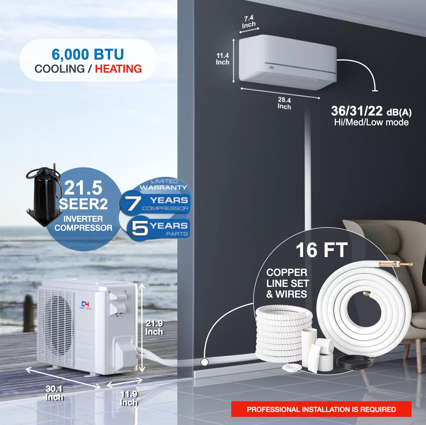 Cooper & Hunter 6000 BTU 115V Wall Mounted Mini Split Heat Pump Air Conditioner With 16ft Kit Cover 250 Sq Ft WiFi
