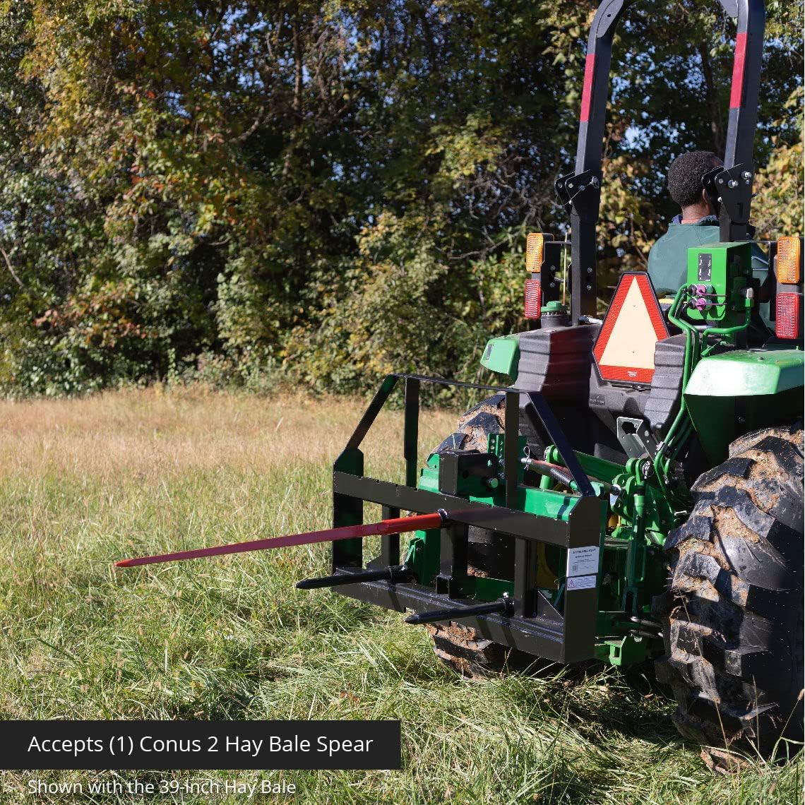 Titan Attachments Pallet Fork Frame Attachment with 49 Hay Spear and Stabilizers, Fits Cat I & II Tractors, Rated 4,000 LB
