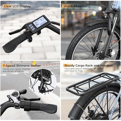 Electric Bike for Adults, 1000W Peak Ebike, 21.7MPH 50Miles City Cruiser Ebikes, 26" Step Thru Electric Bicycle with 48V Removable Battery, Adjustable Stem, Rear Rack, Front Suspension,7 Speed
