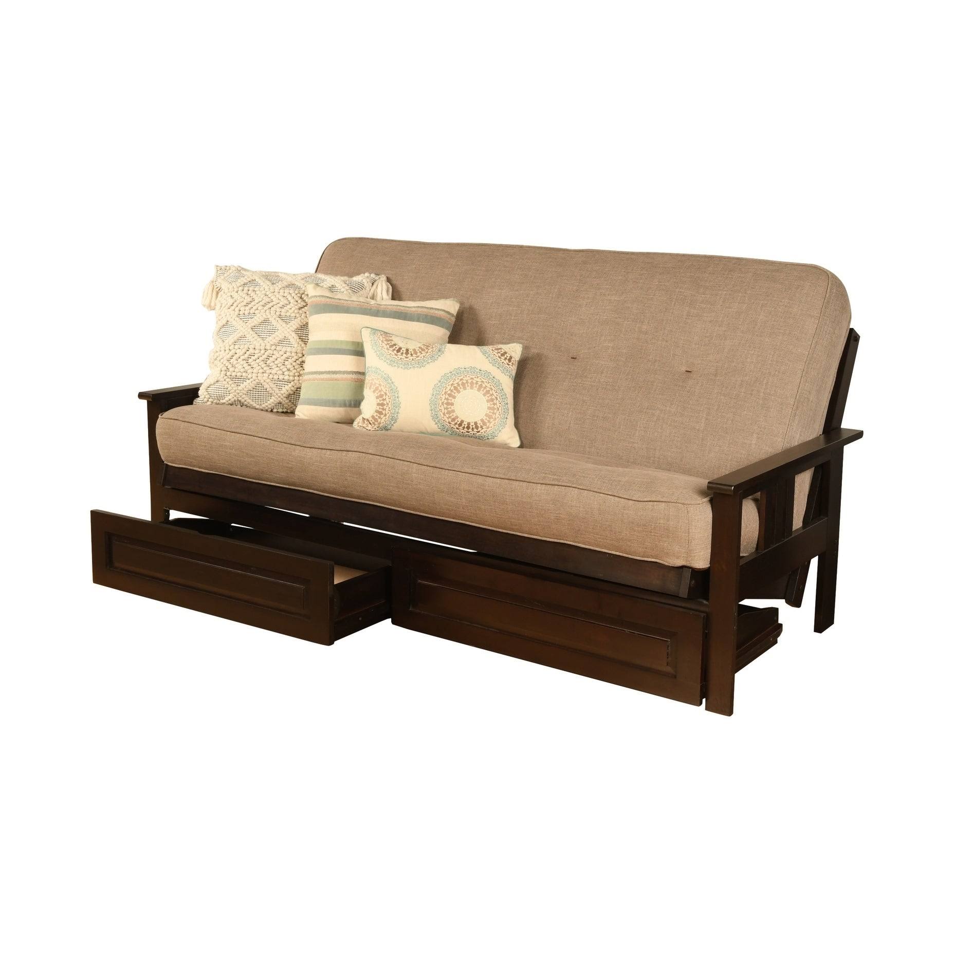Kodiak Monterey Espresso Finish Full Futon with Linen Charcoal Mattress u0026 Storage Drawers